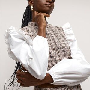 Women's White and Brown Ruffle Sleeve Top